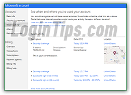 Hotmail login history page in your Microsoft account